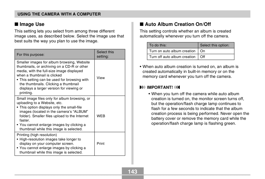 Casio EX-M20U manual 143, Image Use, Auto Album Creation On/Off 