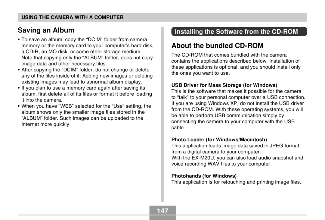 Casio EX-M20U manual Saving an Album, About the bundled CD-ROM, 147, Installing the Software from the CD-ROM 