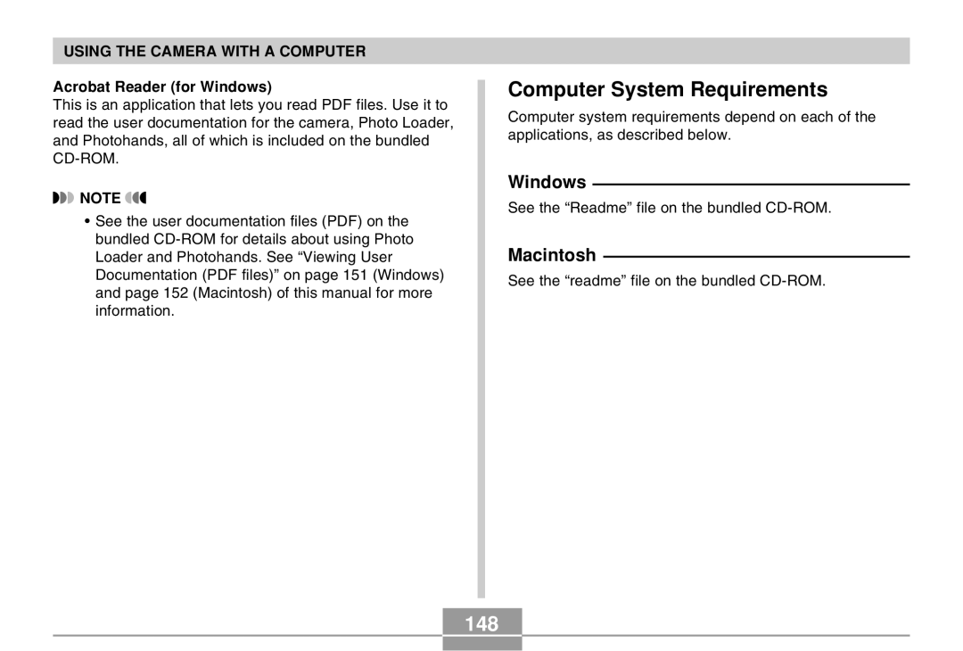 Casio EX-M20U manual Computer System Requirements, 148, Macintosh, Acrobat Reader for Windows 