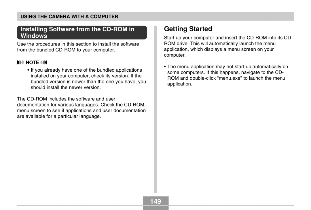 Casio EX-M20U manual Getting Started, 149, Installing Software from the CD-ROM in Windows 