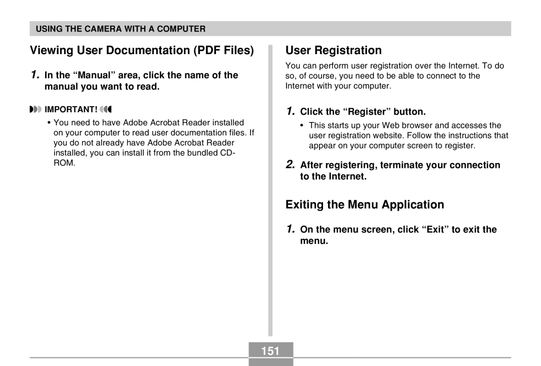 Casio EX-M20U manual User Registration, Exiting the Menu Application, 151 