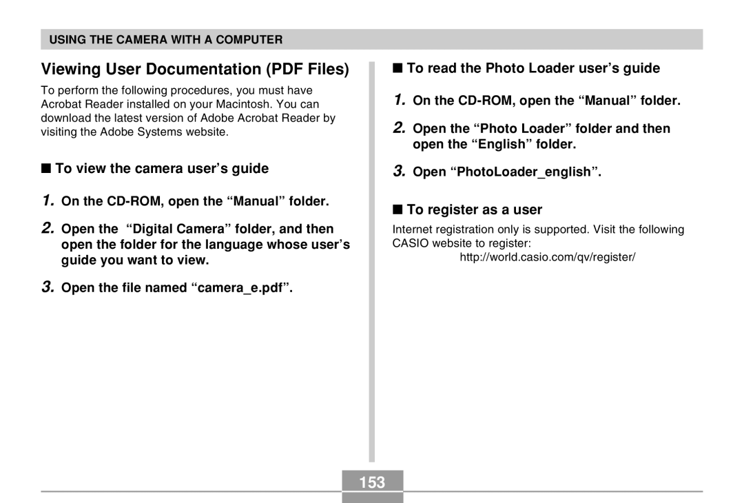 Casio EX-M20U manual 153, To view the camera user’s guide, To read the Photo Loader user’s guide, To register as a user 