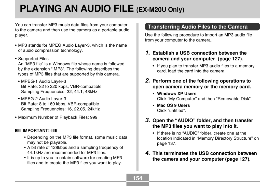 Casio EX-M20U manual 154, Transferring Audio Files to the Camera, Mac OS 9 Users Click untitled 