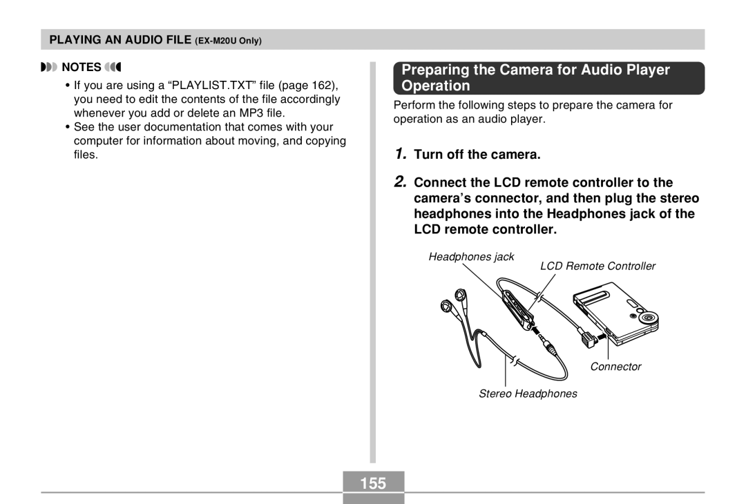 Casio manual 155, Preparing the Camera for Audio Player Operation, Playing AN Audio File EX-M20U Only 