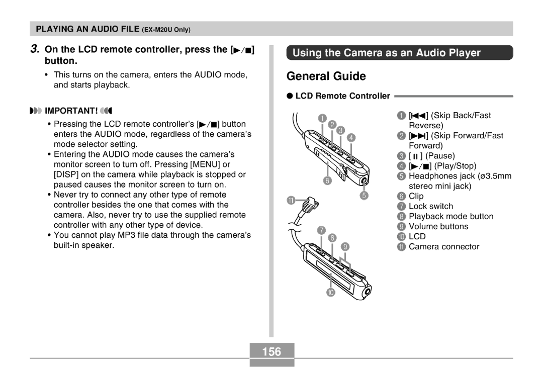 Casio EX-M20U General Guide, 156, Using the Camera as an Audio Player, On the LCD remote controller, press the button 