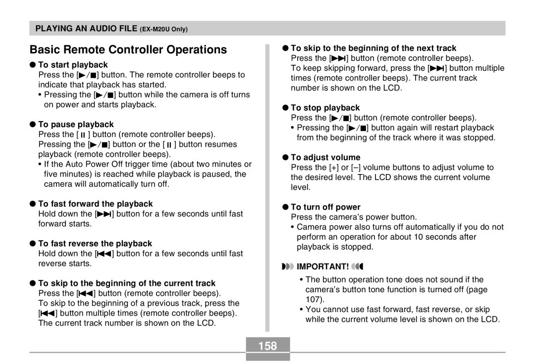 Casio EX-M20U manual Basic Remote Controller Operations, 158 