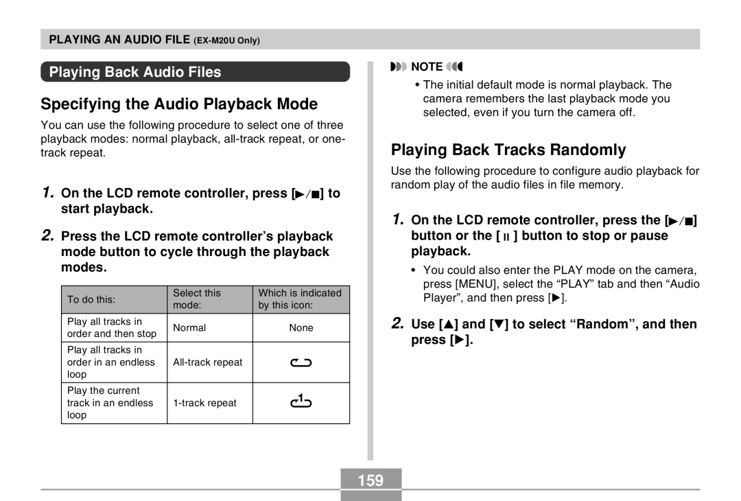 Casio EX-M20U manual Specifying the Audio Playback Mode, Playing Back Tracks Randomly, 159, Playing Back Audio Files 