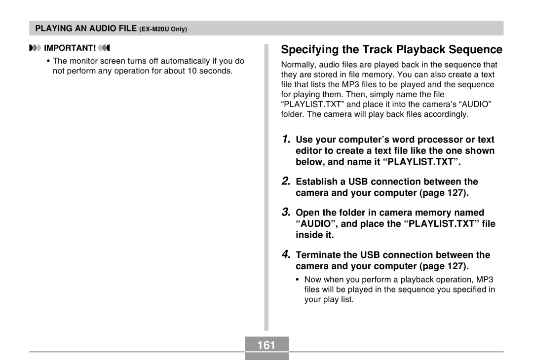 Casio EX-M20U manual Specifying the Track Playback Sequence, 161 