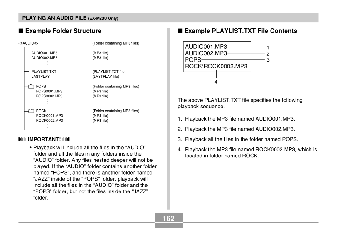 Casio EX-M20U manual 162, Example Folder Structure, Example PLAYLIST.TXT File Contents 