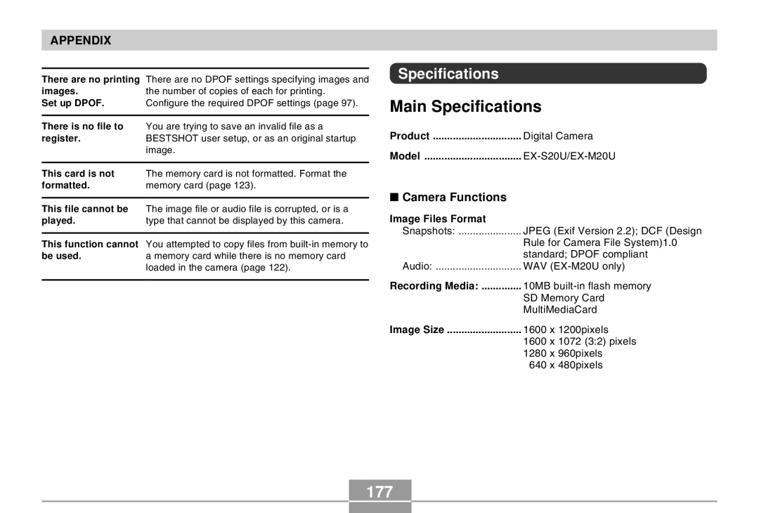 Casio EX-M20U manual Main Specifications, 177, Camera Functions 