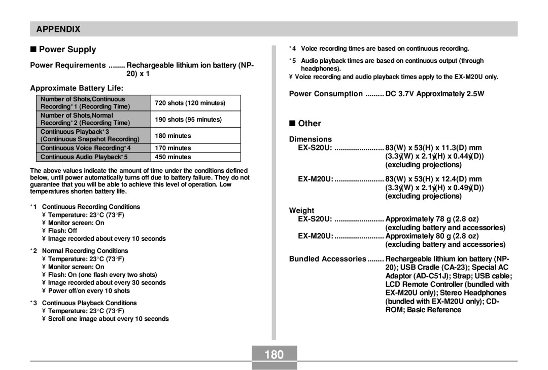 Casio EX-M20U manual 180, Power Supply, Other 