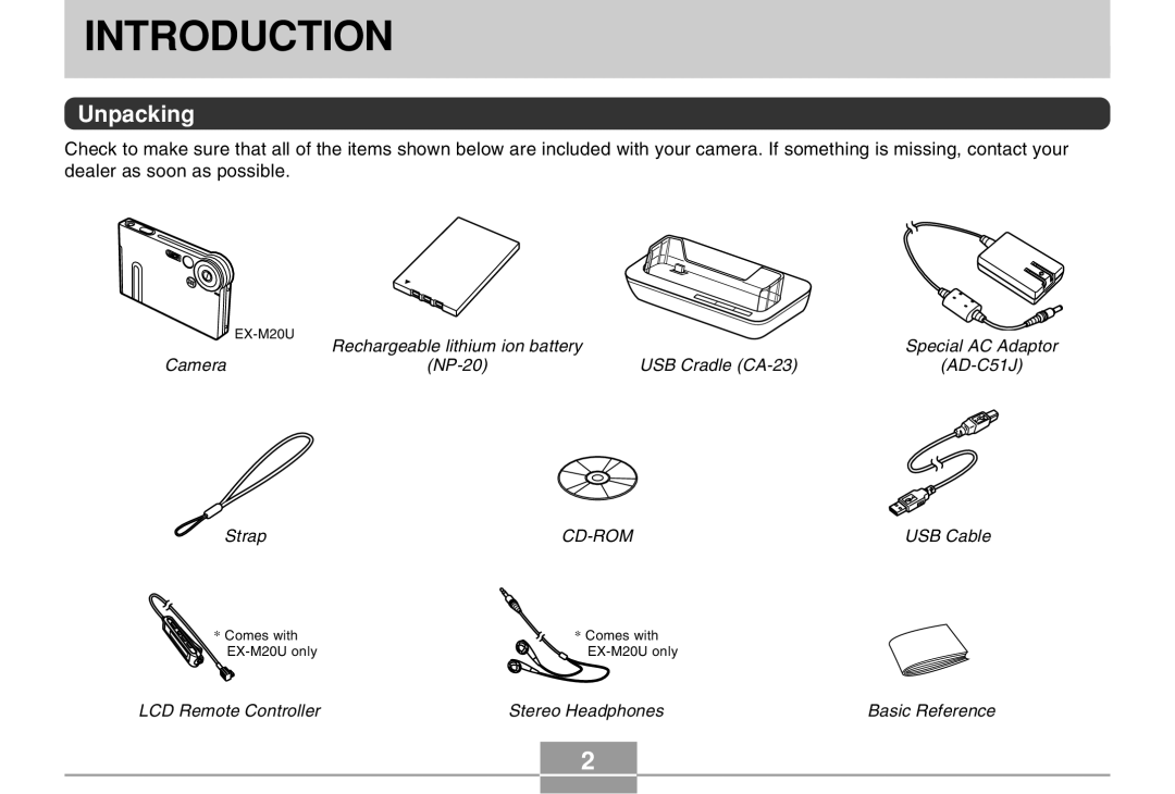 Casio EX-M20U manual Introduction, Unpacking 