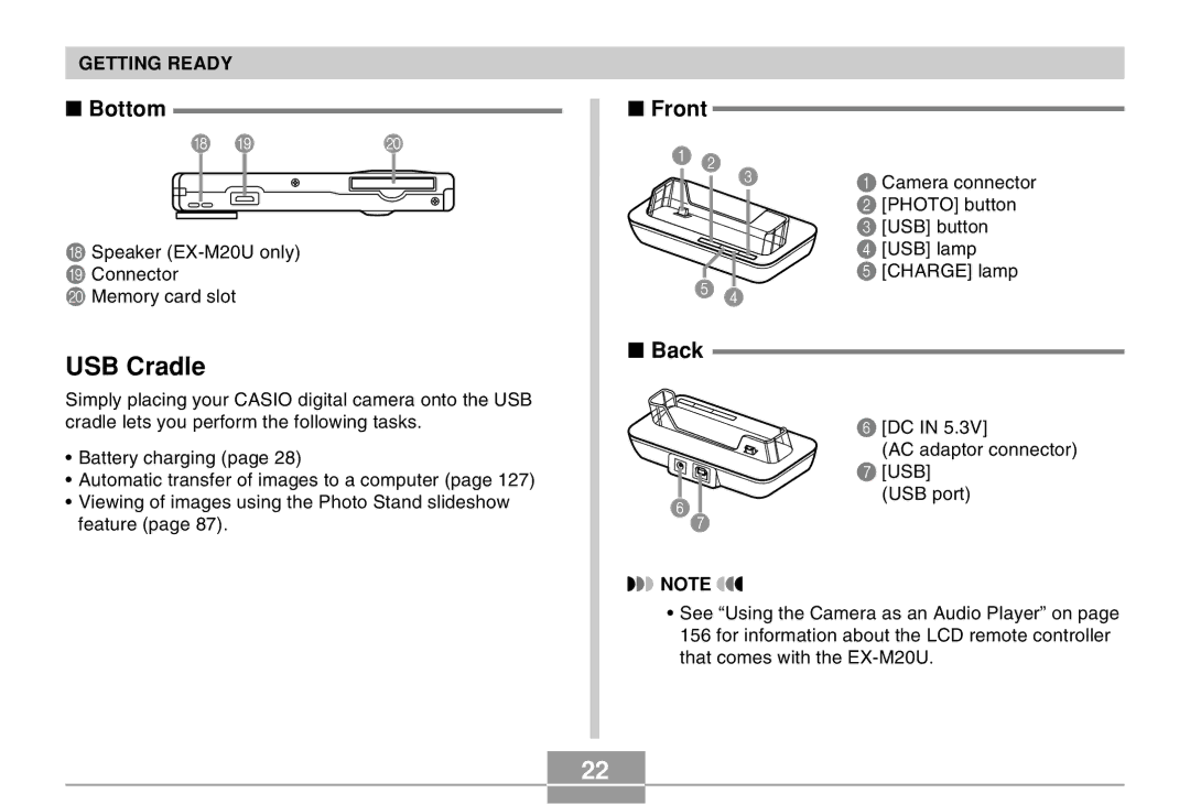 Casio EX-M20U manual USB Cradle, Bottom 