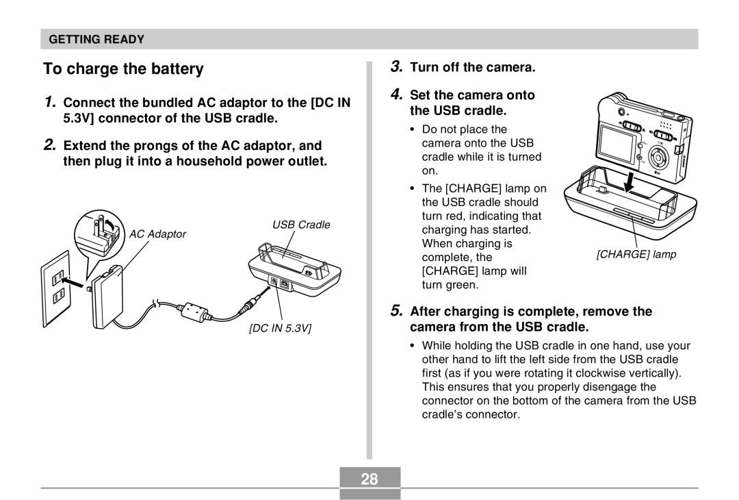 Casio EX-M20U manual To charge the battery, Turn off the camera Set the camera onto the USB cradle 