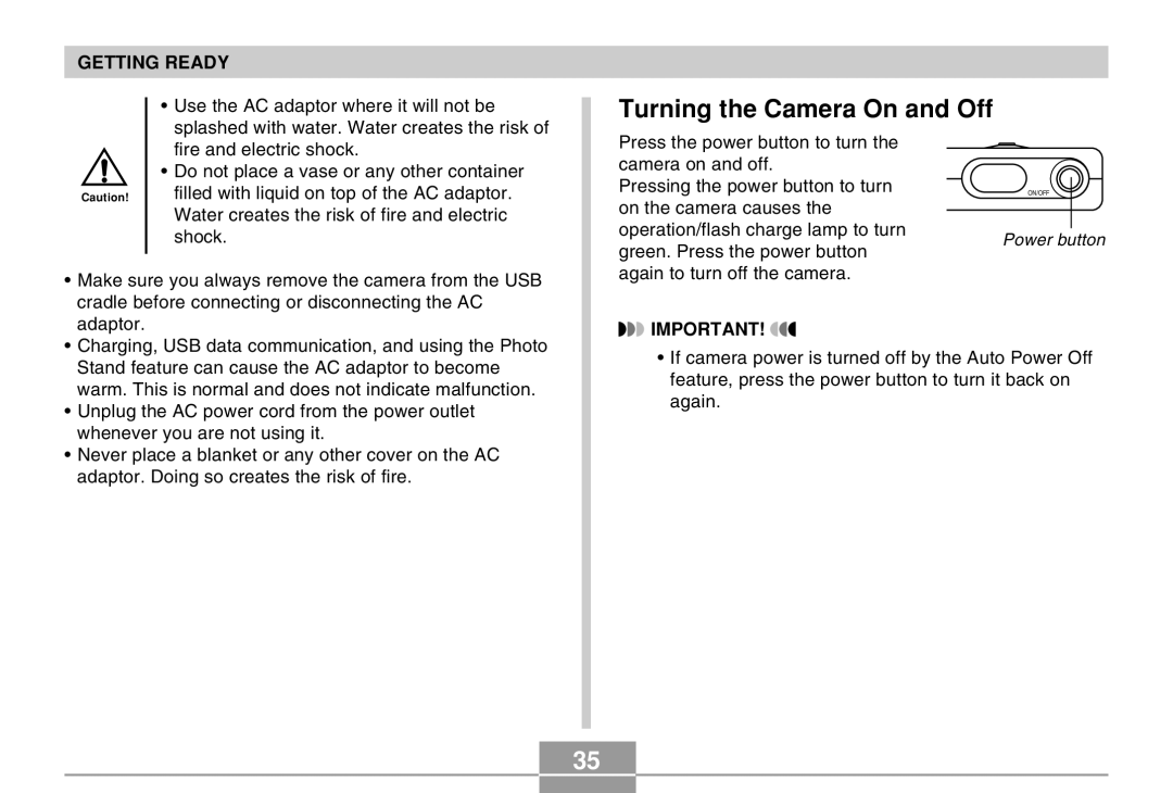 Casio EX-M20U manual Turning the Camera On and Off 