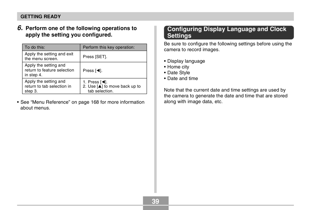 Casio EX-M20U manual Configuring Display Language and Clock Settings 