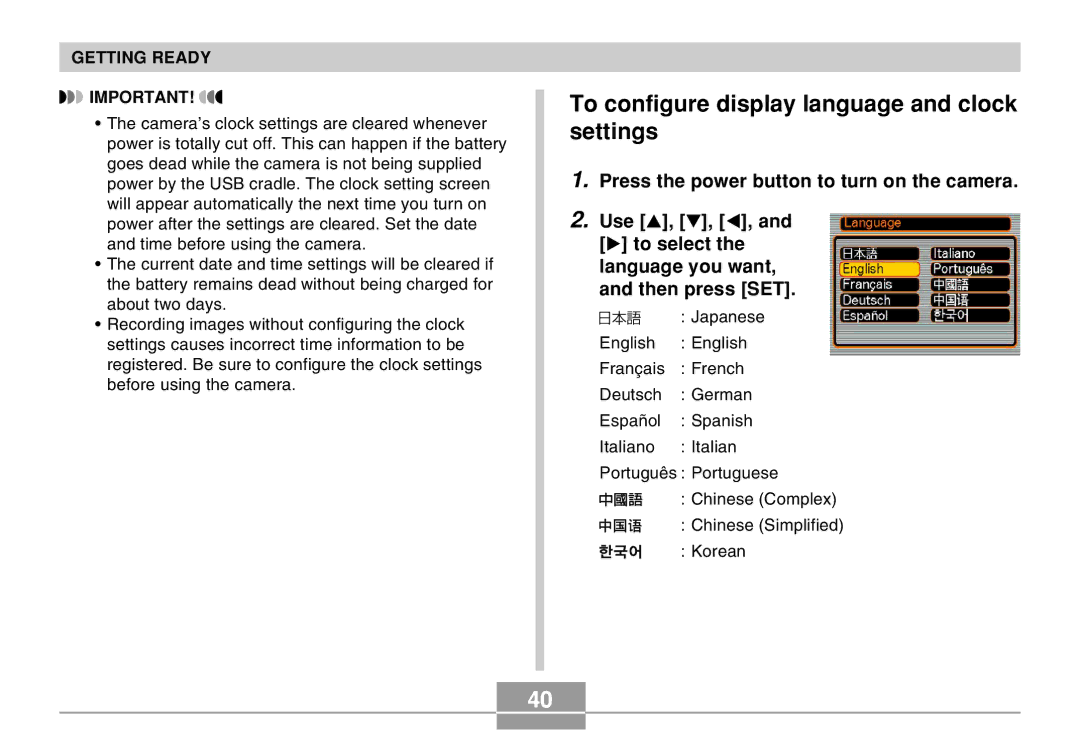 Casio EX-M20U manual To configure display language and clock settings 