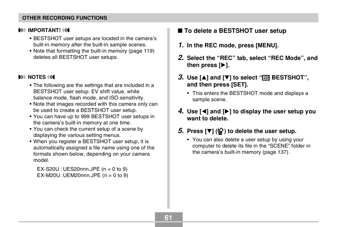 Casio EX-M20U manual To delete a Bestshot user setup 