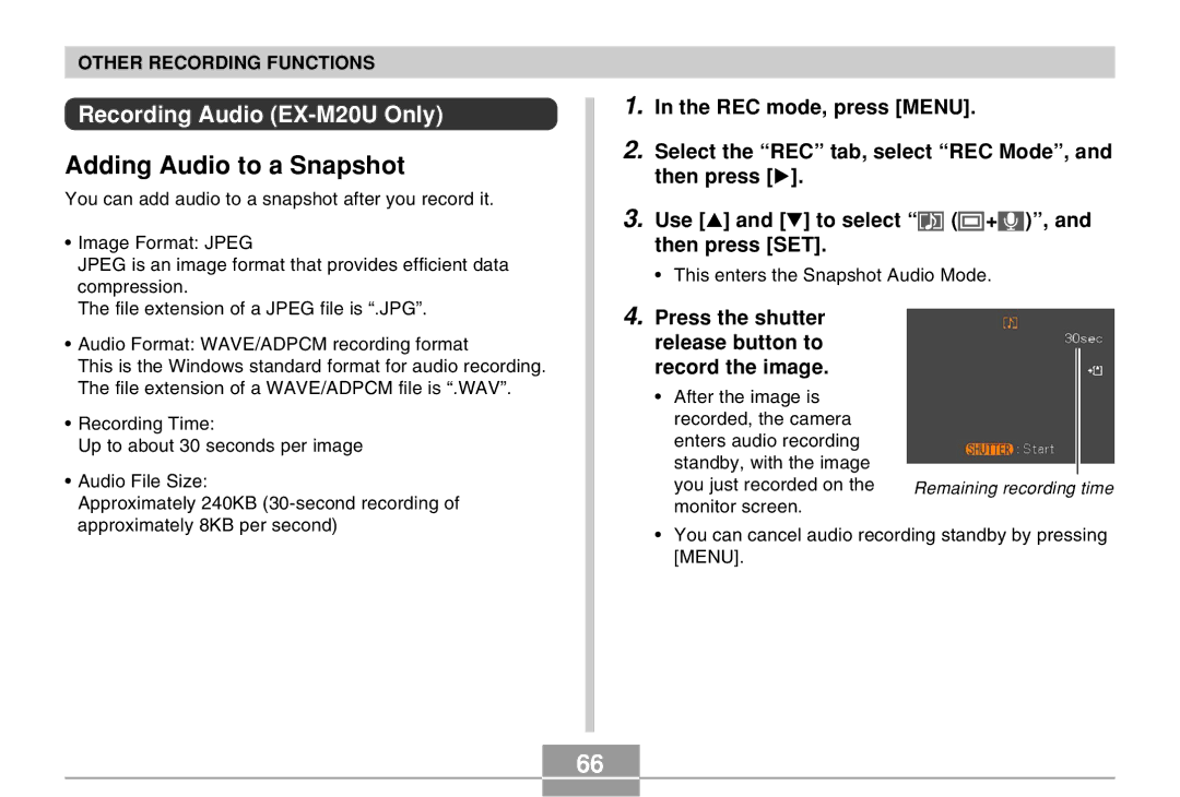 Casio Adding Audio to a Snapshot, Recording Audio EX-M20U Only, Press the shutter release button to record the image 