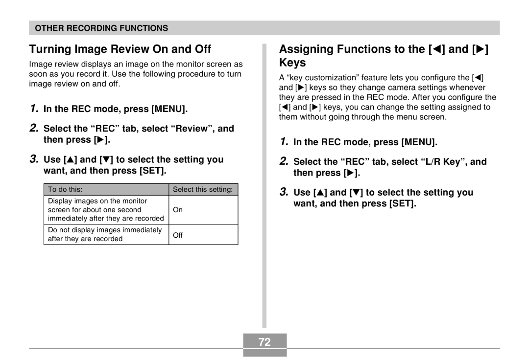 Casio EX-M20U manual Turning Image Review On and Off, Assigning Functions to Keys 