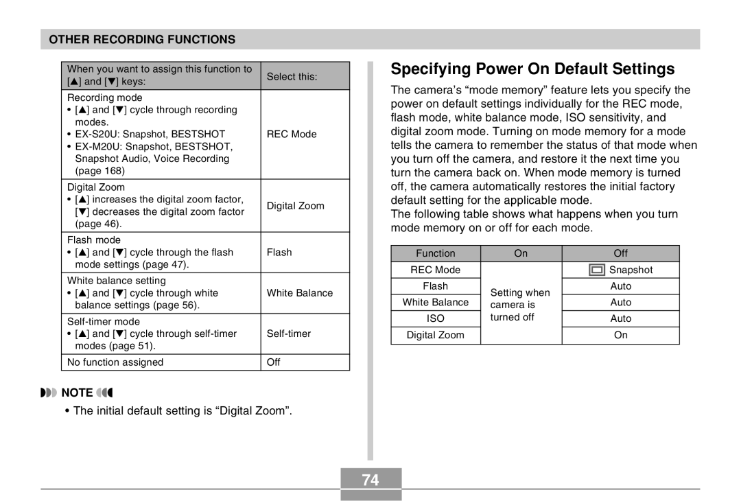 Casio EX-M20U manual Specifying Power On Default Settings 