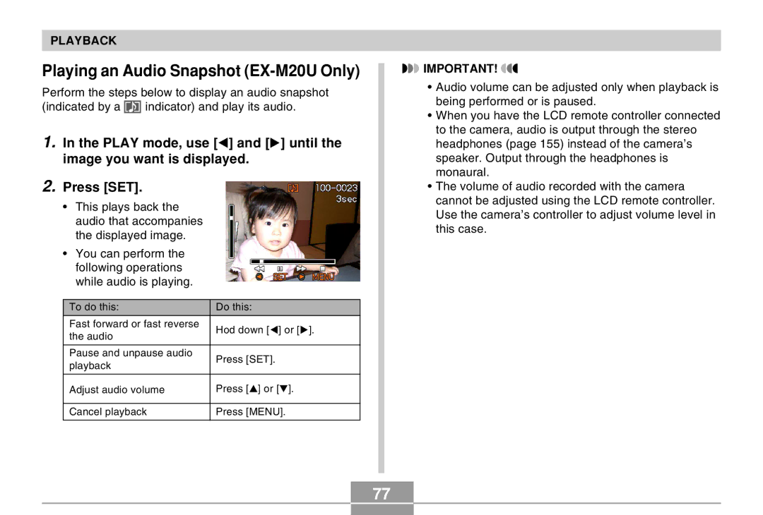 Casio manual Playing an Audio Snapshot EX-M20U Only 