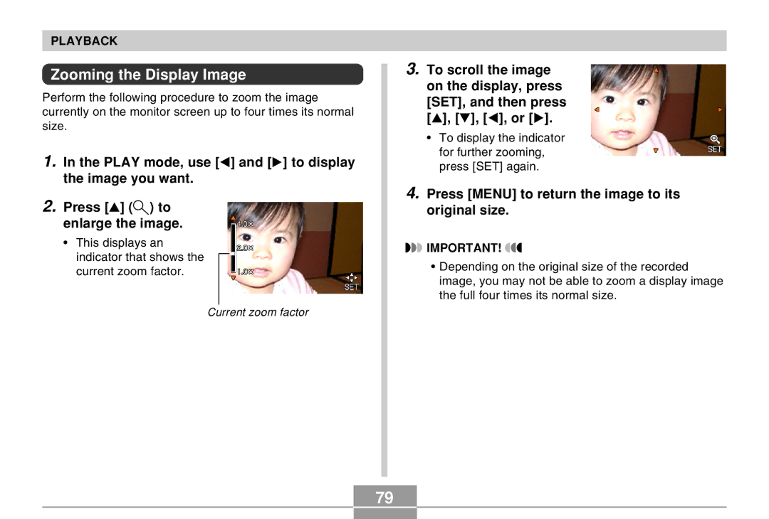 Casio EX-M20U manual Zooming the Display Image, Press Menu to return the image to its original size 