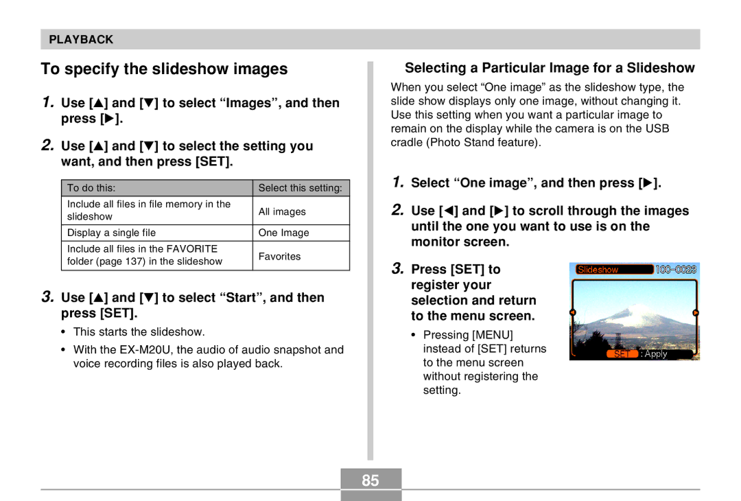 Casio EX-M20U manual To specify the slideshow images, Selecting a Particular Image for a Slideshow 