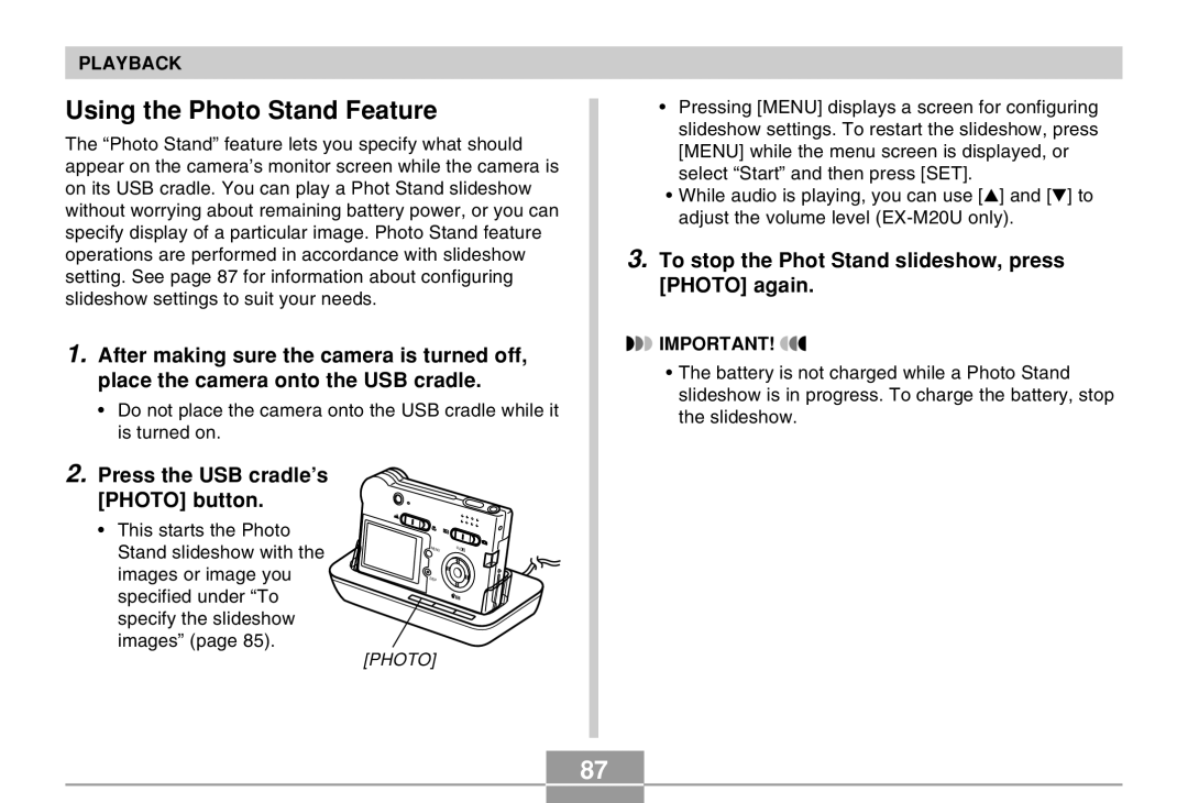 Casio EX-M20U manual Using the Photo Stand Feature, To stop the Phot Stand slideshow, press Photo again 