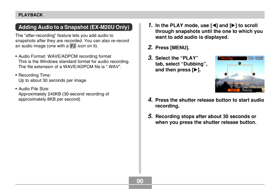 Casio manual Adding Audio to a Snapshot EX-M20U Only 