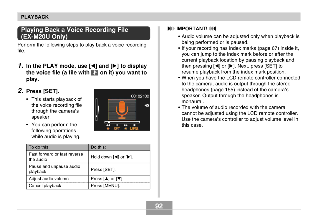 Casio manual Playing Back a Voice Recording File EX-M20U Only 