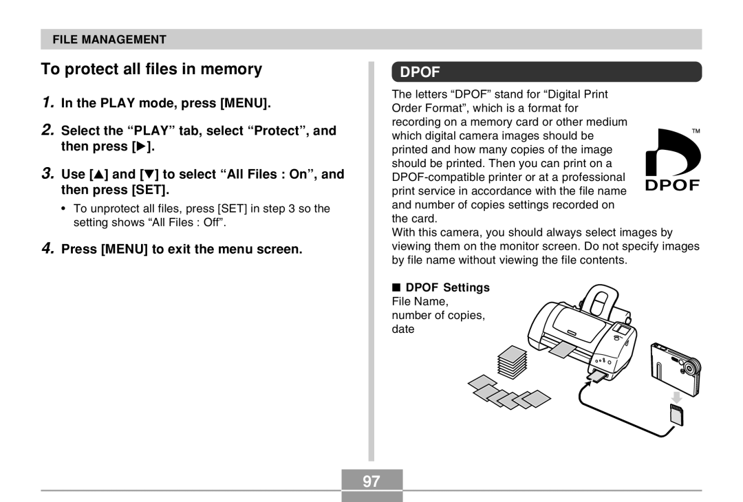 Casio EX-M20U manual To protect all files in memory, Dpof Settings 