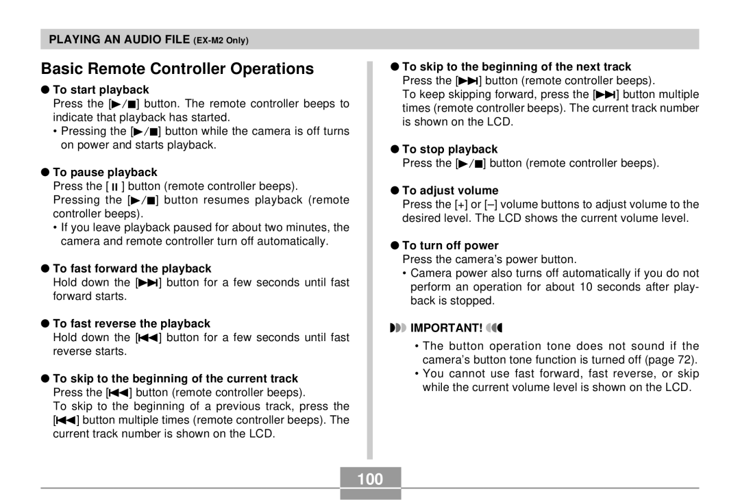 Casio EX-S2/EX-M2 manual Basic Remote Controller Operations, 100 