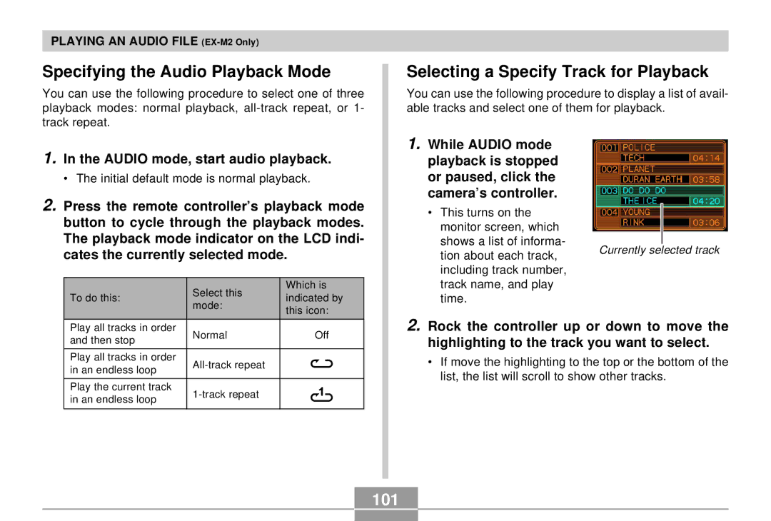 Casio EX-S2/EX-M2 manual Specifying the Audio Playback Mode, Selecting a Specify Track for Playback, 101 