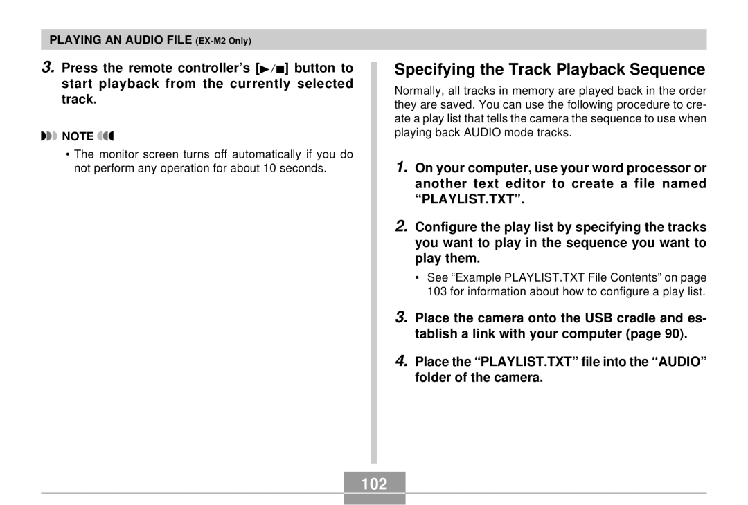 Casio EX-S2/EX-M2 manual Specifying the Track Playback Sequence, 102 