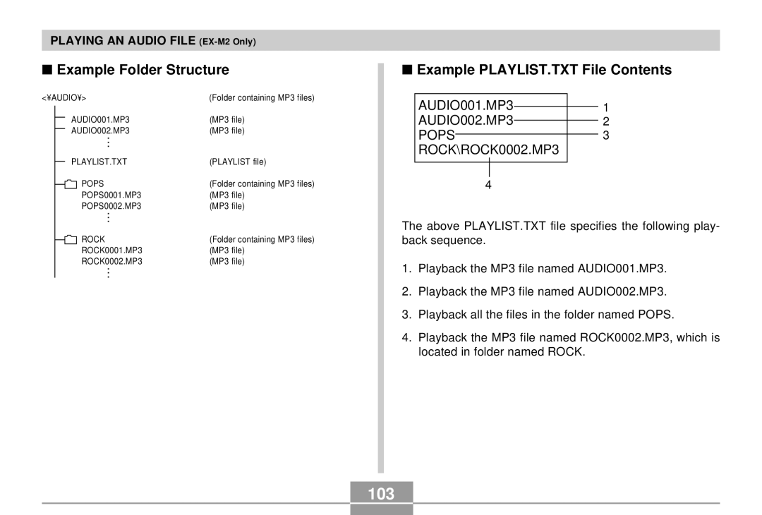 Casio EX-S2/EX-M2 manual 103, Example Folder Structure, Example PLAYLIST.TXT File Contents 