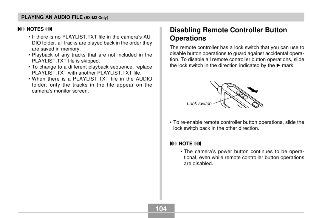 Casio EX-S2/EX-M2 manual Disabling Remote Controller Button Operations, 104 