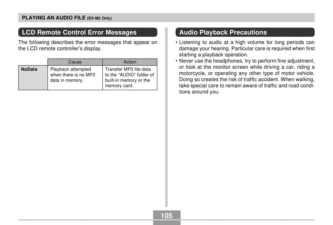 Casio EX-S2/EX-M2 manual 105, LCD Remote Control Error Messages, Audio Playback Precautions 