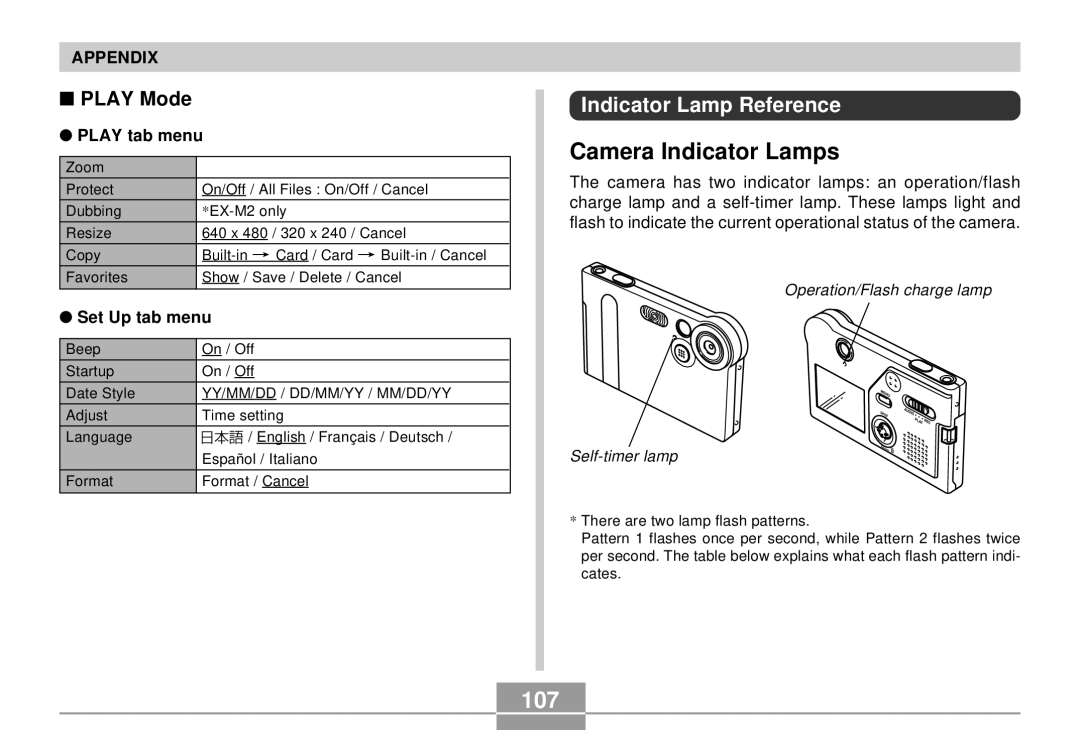 Casio EX-S2/EX-M2 manual Camera Indicator Lamps, 107, Indicator Lamp Reference, Play tab menu 