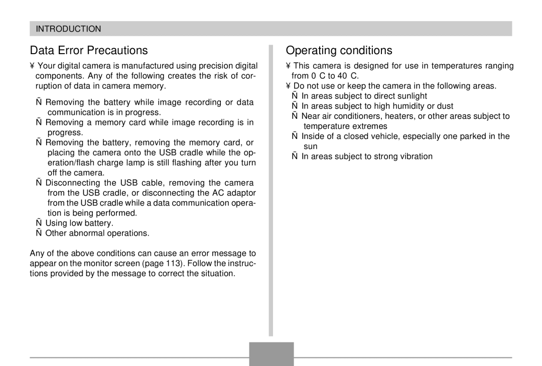 Casio EX-S2/EX-M2 manual Data Error Precautions, Operating conditions 