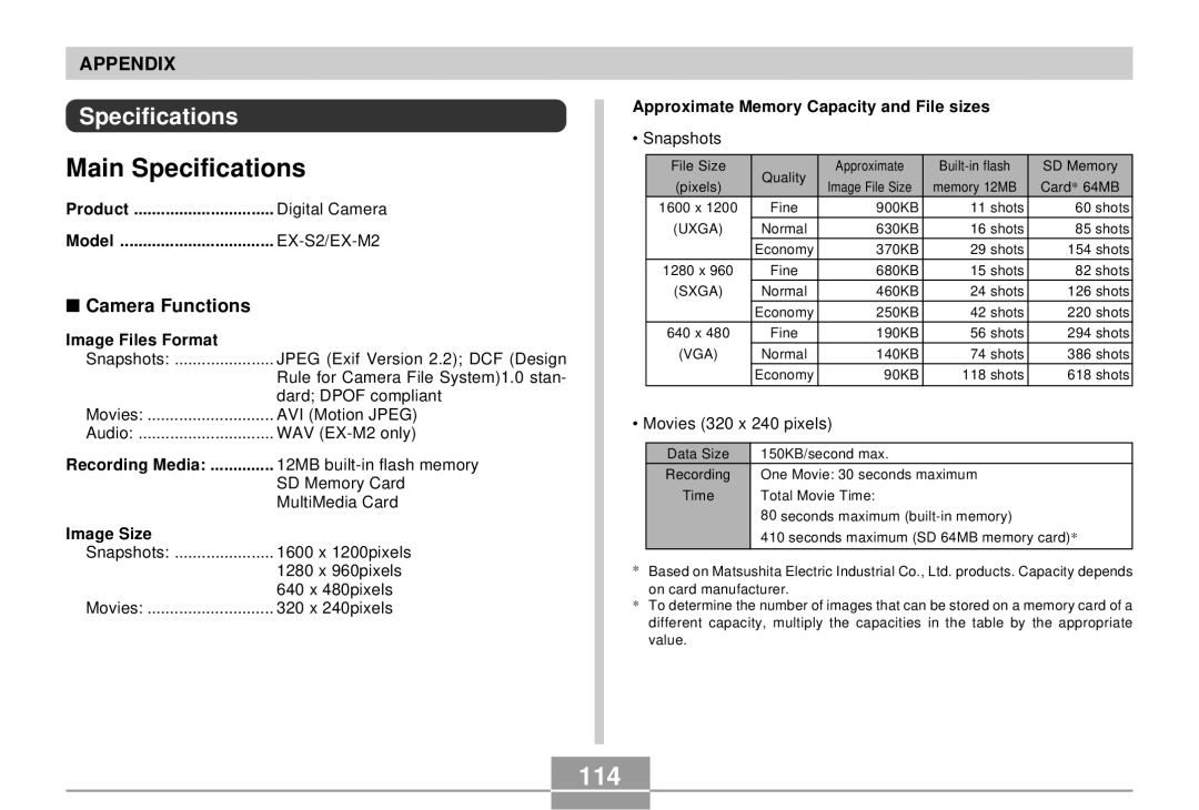 Casio EX-S2/EX-M2 manual Main Specifications, 114, Camera Functions 