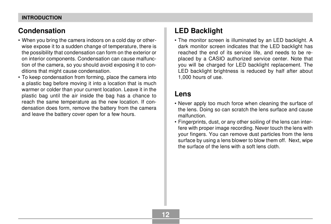 Casio EX-S2/EX-M2 manual Condensation, LED Backlight, Lens 