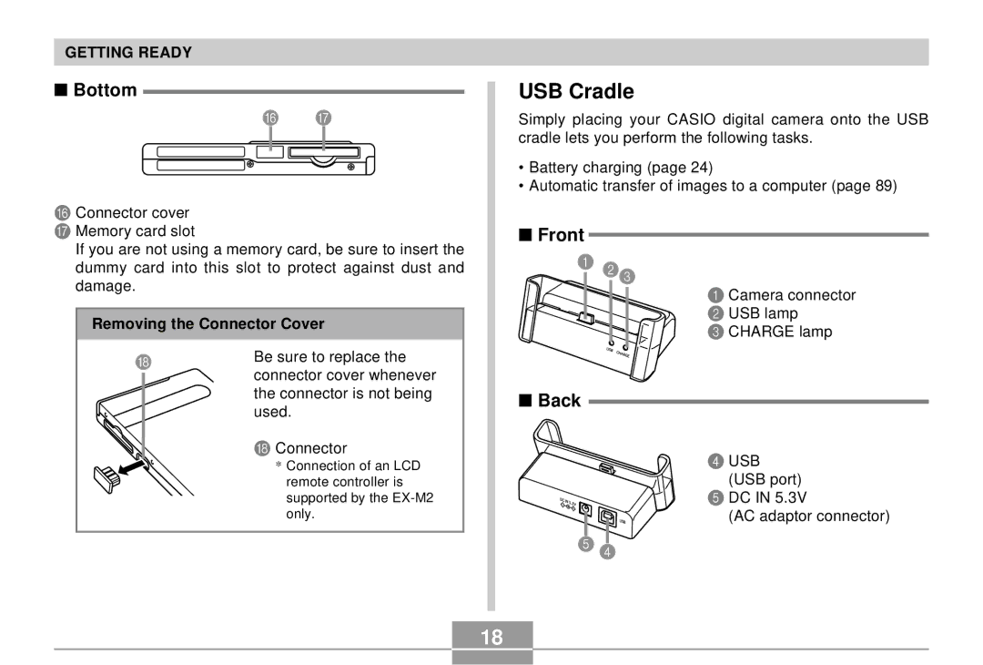 Casio EX-S2/EX-M2 manual USB Cradle, Bottom, Removing the Connector Cover 