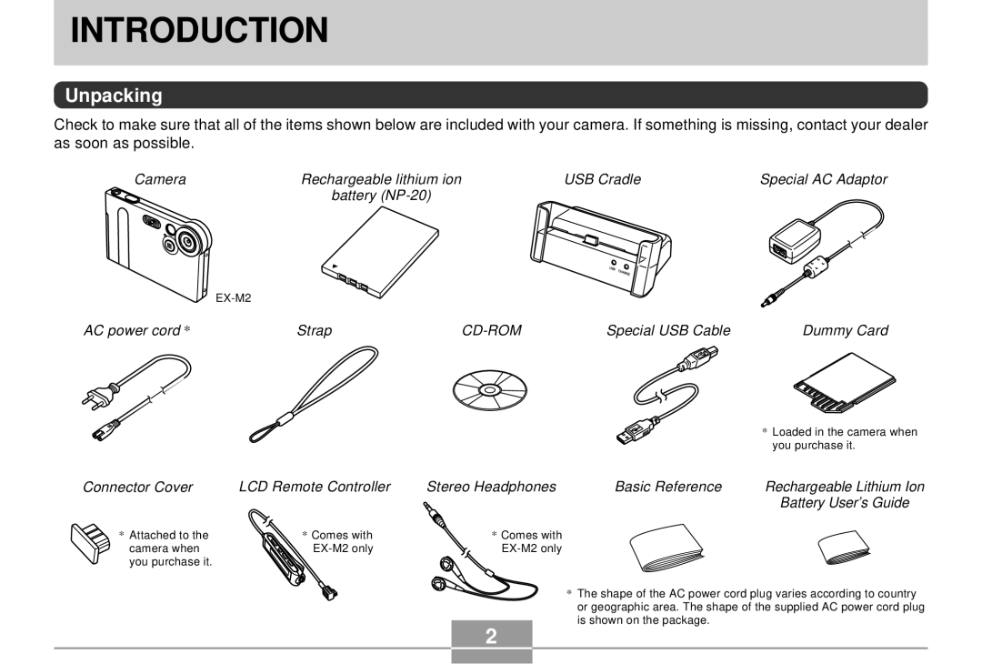 Casio EX-S2/EX-M2 manual Introduction, Unpacking 