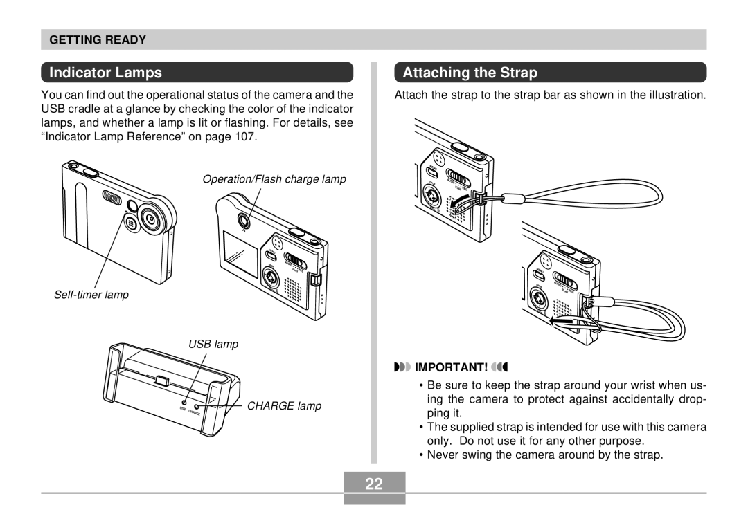 Casio EX-S2/EX-M2 manual Indicator Lamps, Attaching the Strap 