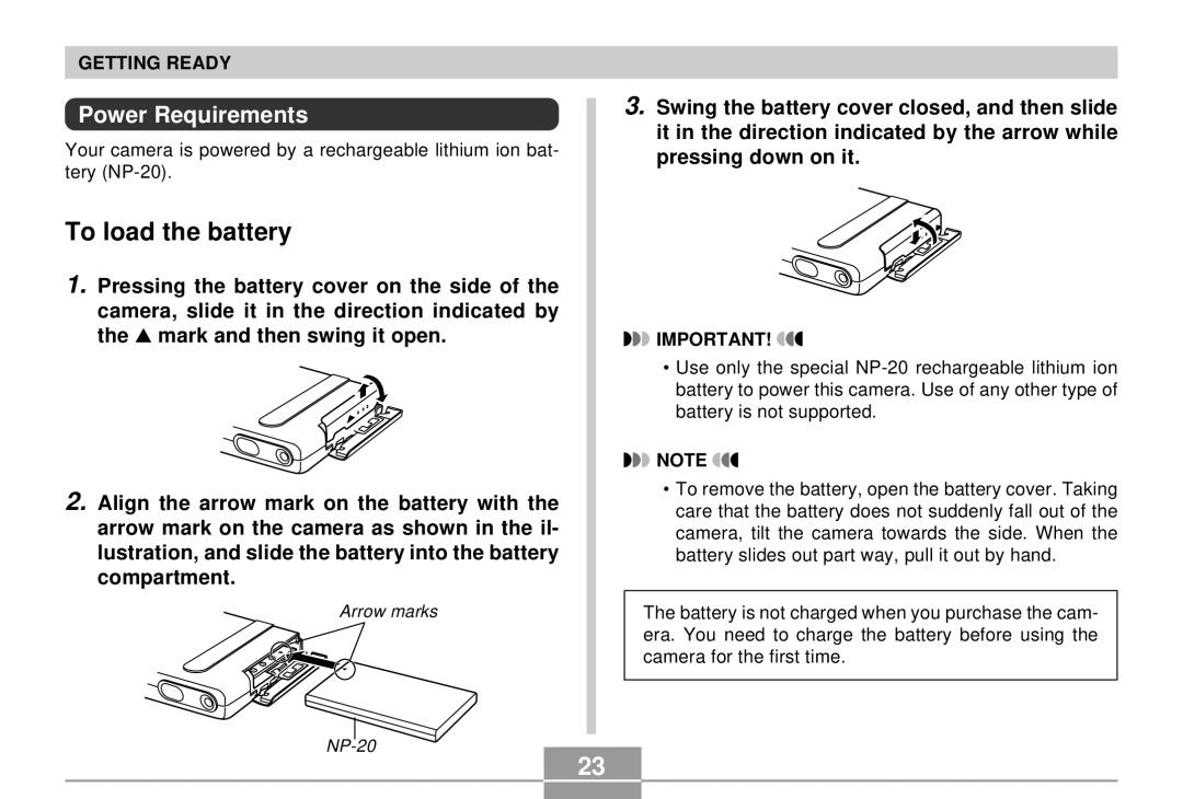 Casio EX-S2/EX-M2 manual To load the battery, Power Requirements 