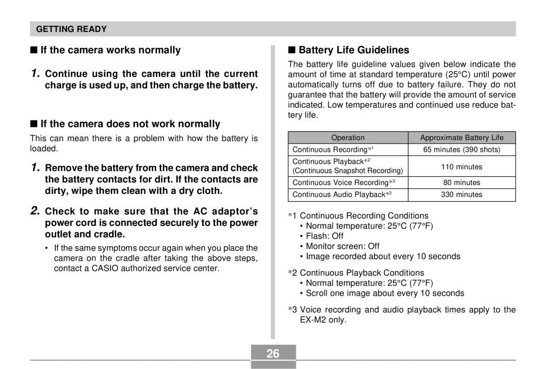 Casio EX-S2/EX-M2 manual If the camera works normally, If the camera does not work normally, Battery Life Guidelines 