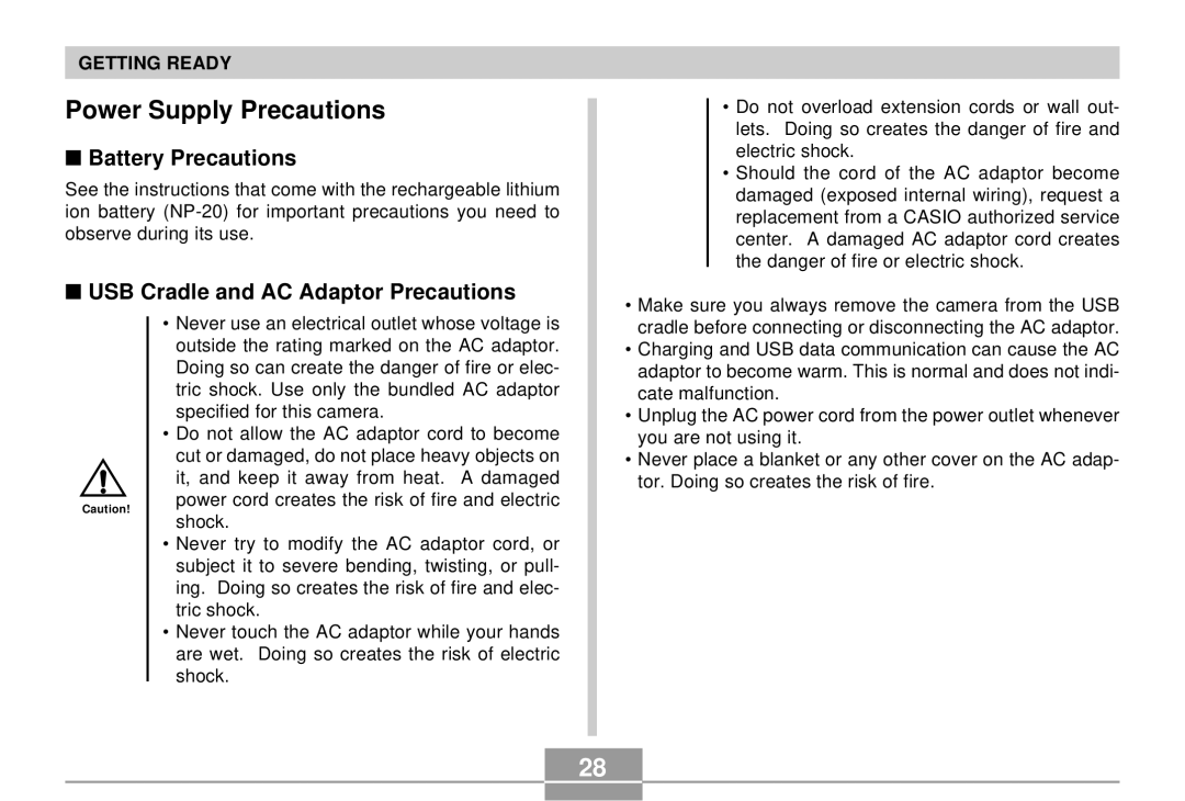 Casio EX-S2/EX-M2 manual Power Supply Precautions, Battery Precautions, USB Cradle and AC Adaptor Precautions 