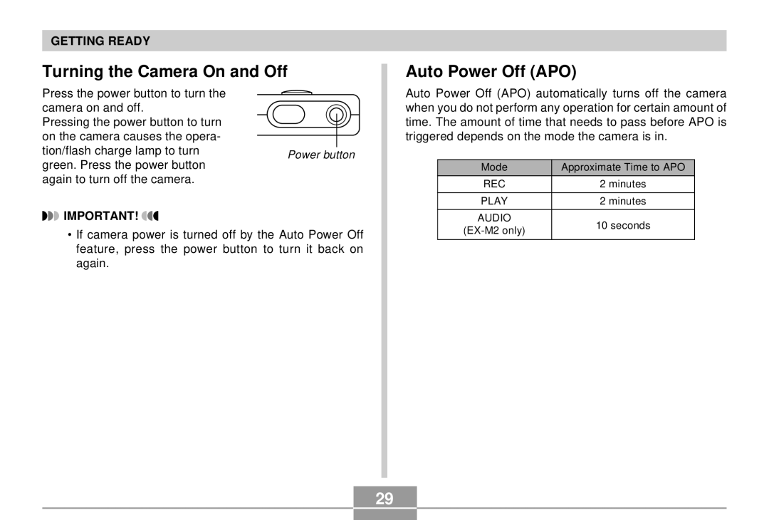 Casio EX-S2/EX-M2 manual Turning the Camera On and Off, Auto Power Off APO 