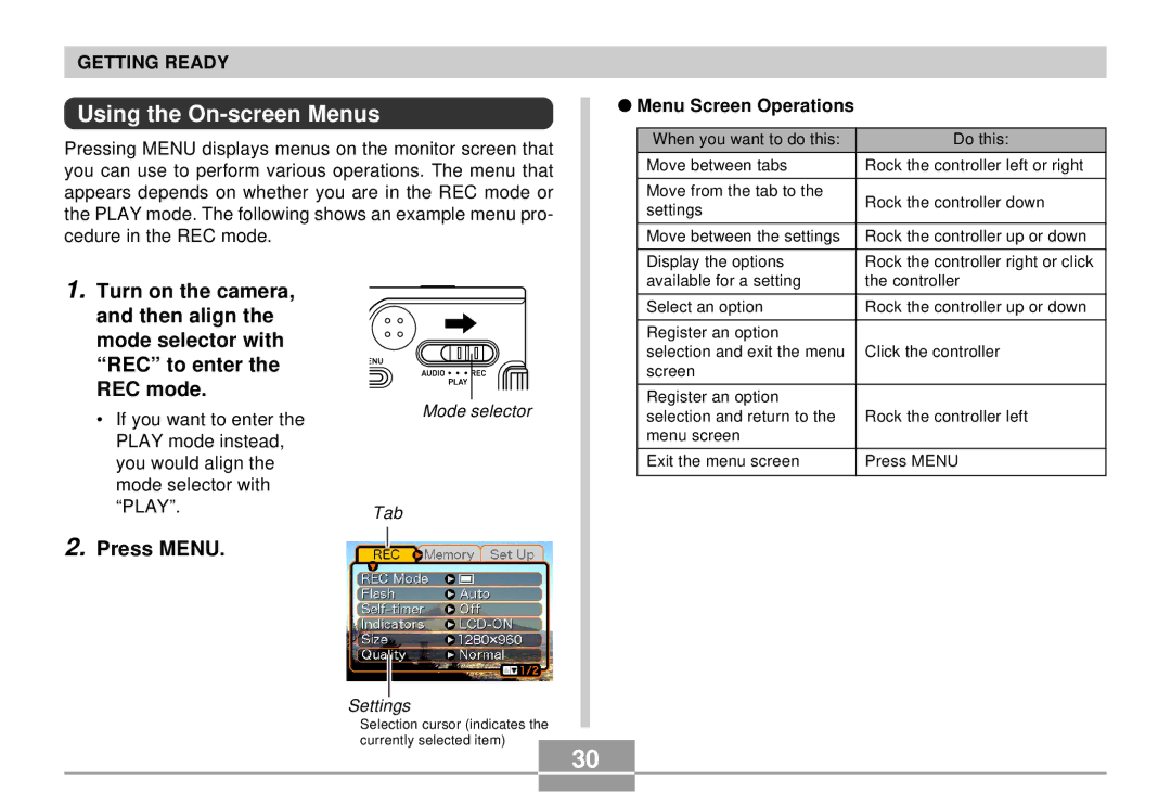 Casio EX-S2/EX-M2 manual Using the On-screen Menus, Press Menu, Menu Screen Operations 